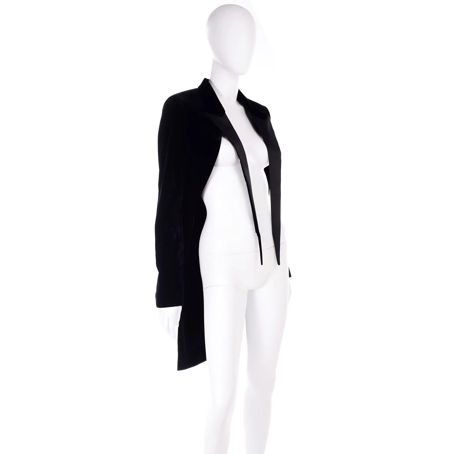 2000s Saint Laurent Black Velvet Cutaway Tuxedo Tails w Flyaway Satin Lapel