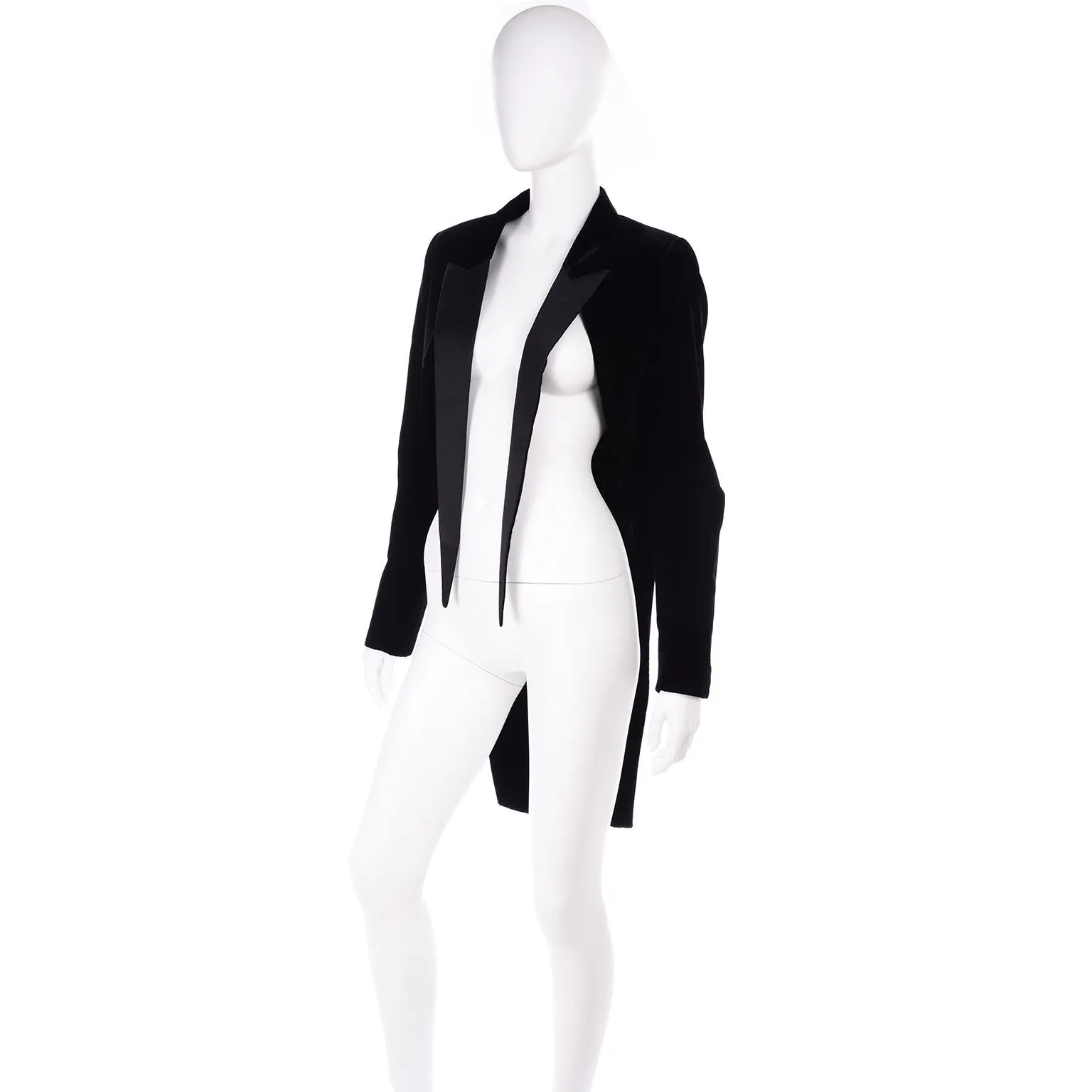 2000s Saint Laurent Black Velvet Cutaway Tuxedo Tails w Flyaway Satin Lapel