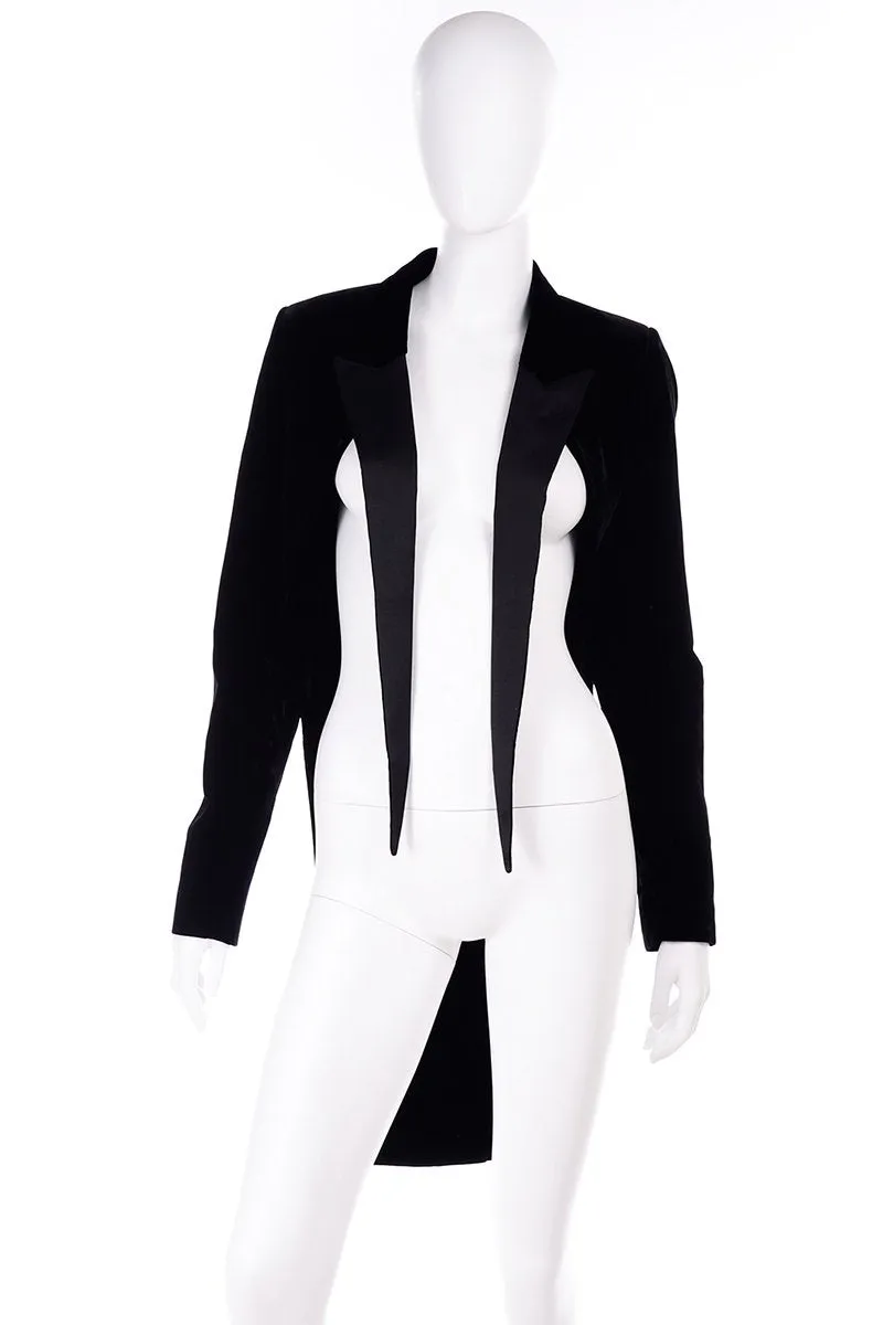 2000s Saint Laurent Black Velvet Cutaway Tuxedo Tails w Flyaway Satin Lapel