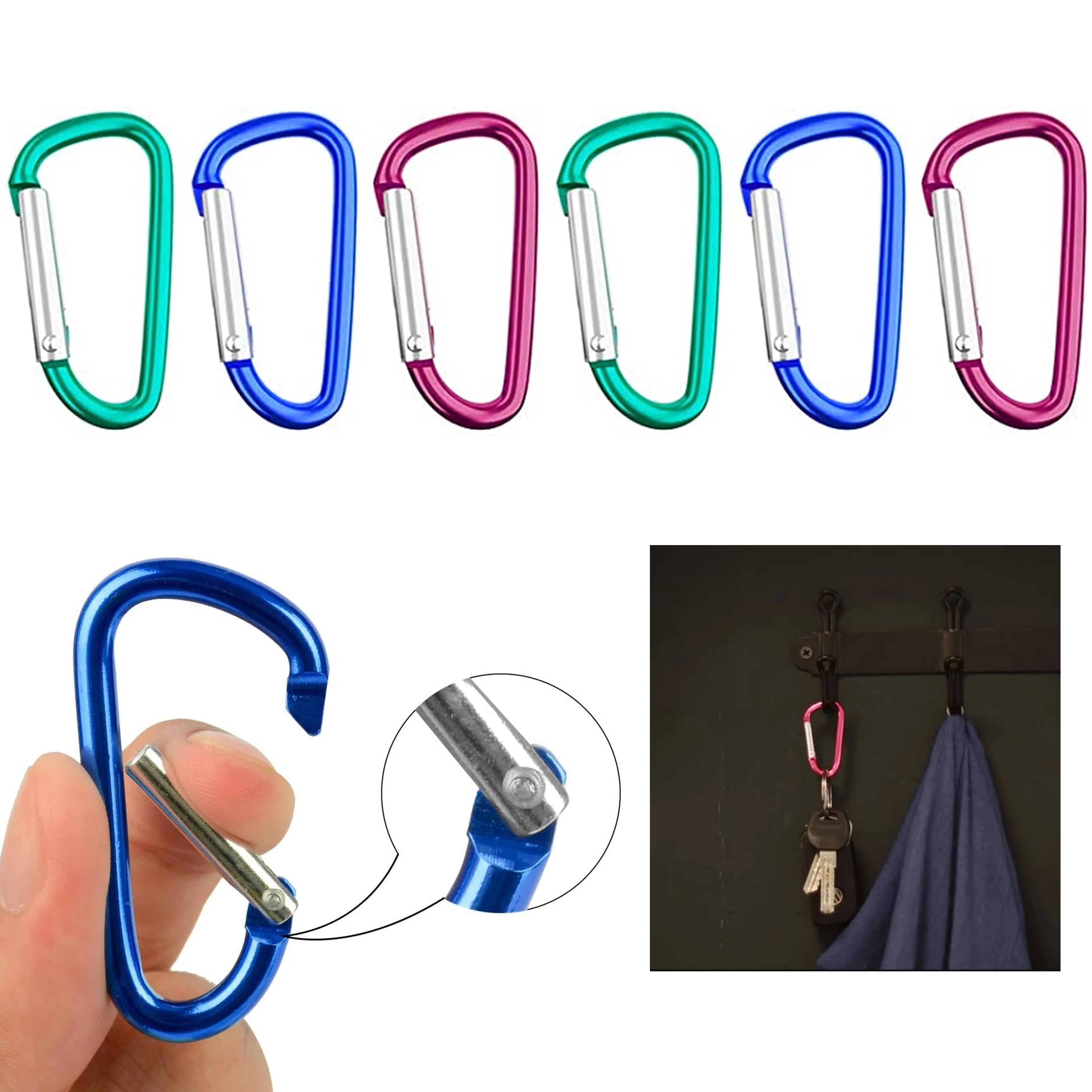 4 Aluminum Carabiner Large D-Ring Snap Hook Key Chain Cushion Grip Colors 2 3/4"