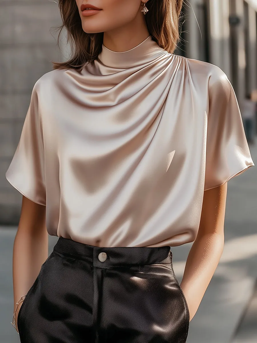 Champagne Satin High-Neck Drape Blouse
