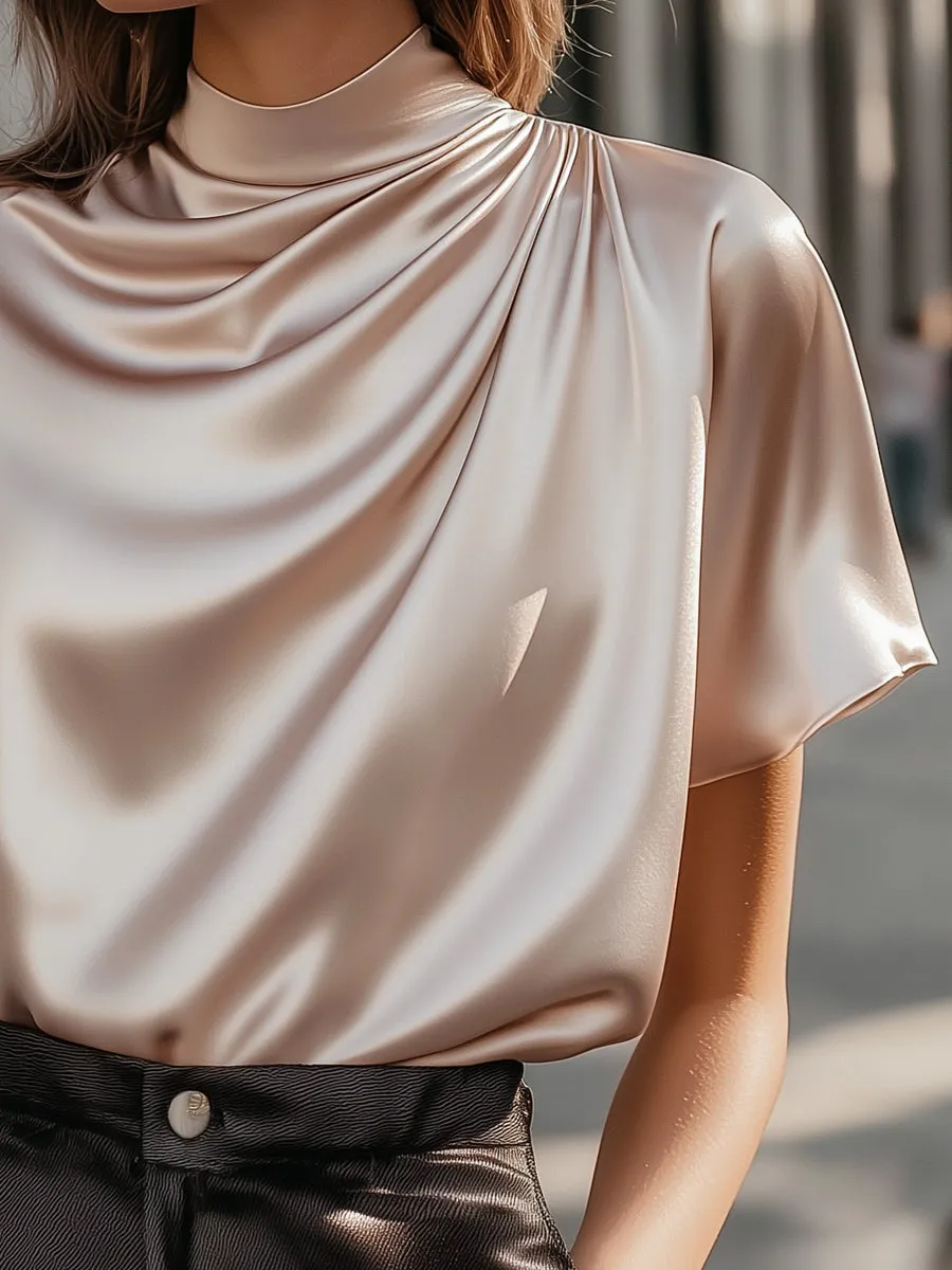 Champagne Satin High-Neck Drape Blouse