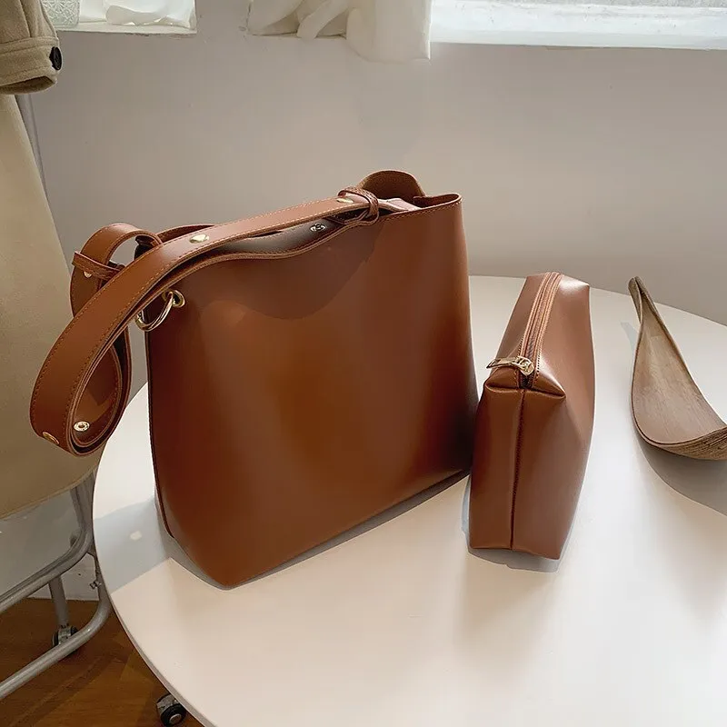 Christmas Gift Casual Simple Commuting Soft PU Leather Bucket Bags Women Korean Style Fashion Large-Capacity Vintage All-Match Composite Bag