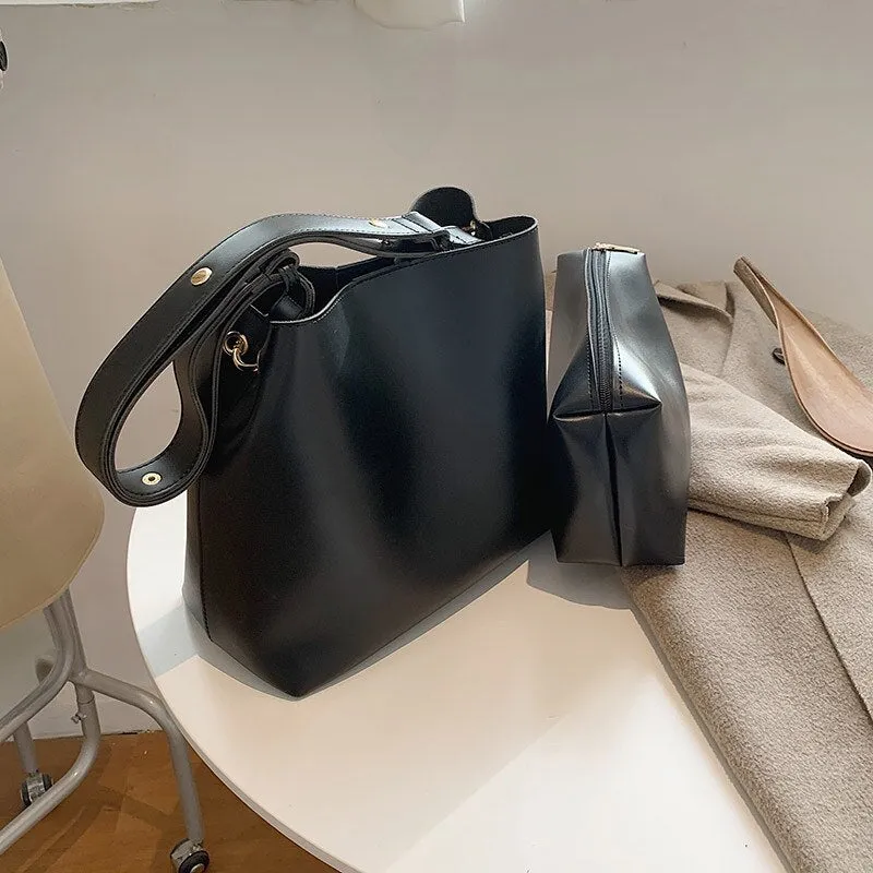 Christmas Gift Casual Simple Commuting Soft PU Leather Bucket Bags Women Korean Style Fashion Large-Capacity Vintage All-Match Composite Bag