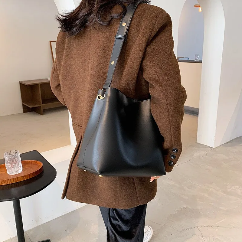 Christmas Gift Casual Simple Commuting Soft PU Leather Bucket Bags Women Korean Style Fashion Large-Capacity Vintage All-Match Composite Bag