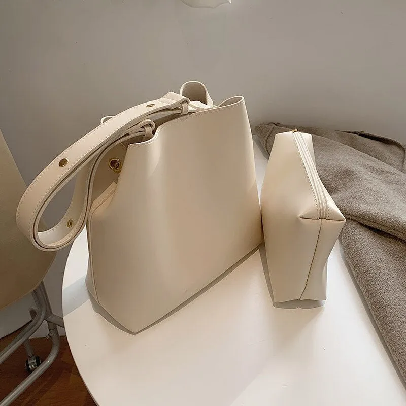 Christmas Gift Casual Simple Commuting Soft PU Leather Bucket Bags Women Korean Style Fashion Large-Capacity Vintage All-Match Composite Bag