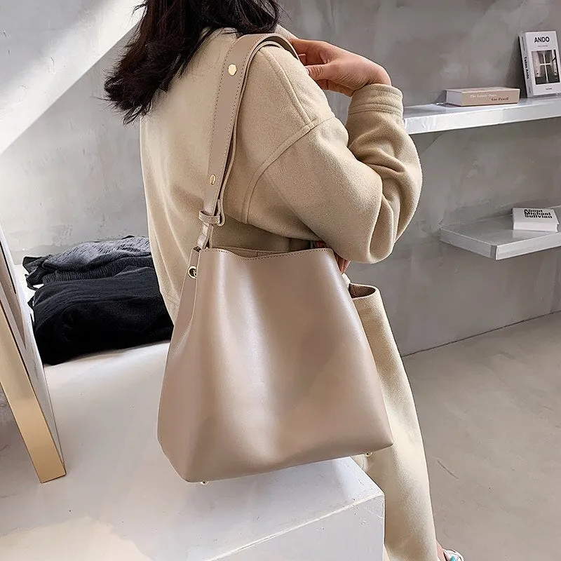 Christmas Gift Casual Simple Commuting Soft PU Leather Bucket Bags Women Korean Style Fashion Large-Capacity Vintage All-Match Composite Bag