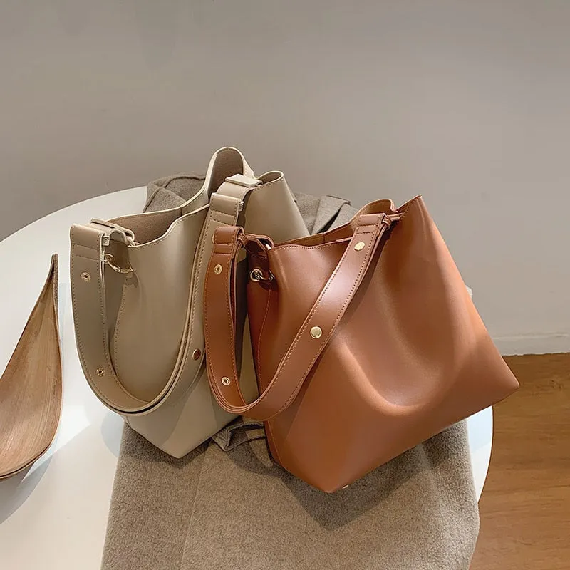 Christmas Gift Casual Simple Commuting Soft PU Leather Bucket Bags Women Korean Style Fashion Large-Capacity Vintage All-Match Composite Bag