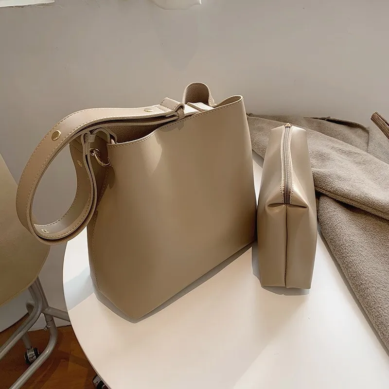Christmas Gift Casual Simple Commuting Soft PU Leather Bucket Bags Women Korean Style Fashion Large-Capacity Vintage All-Match Composite Bag