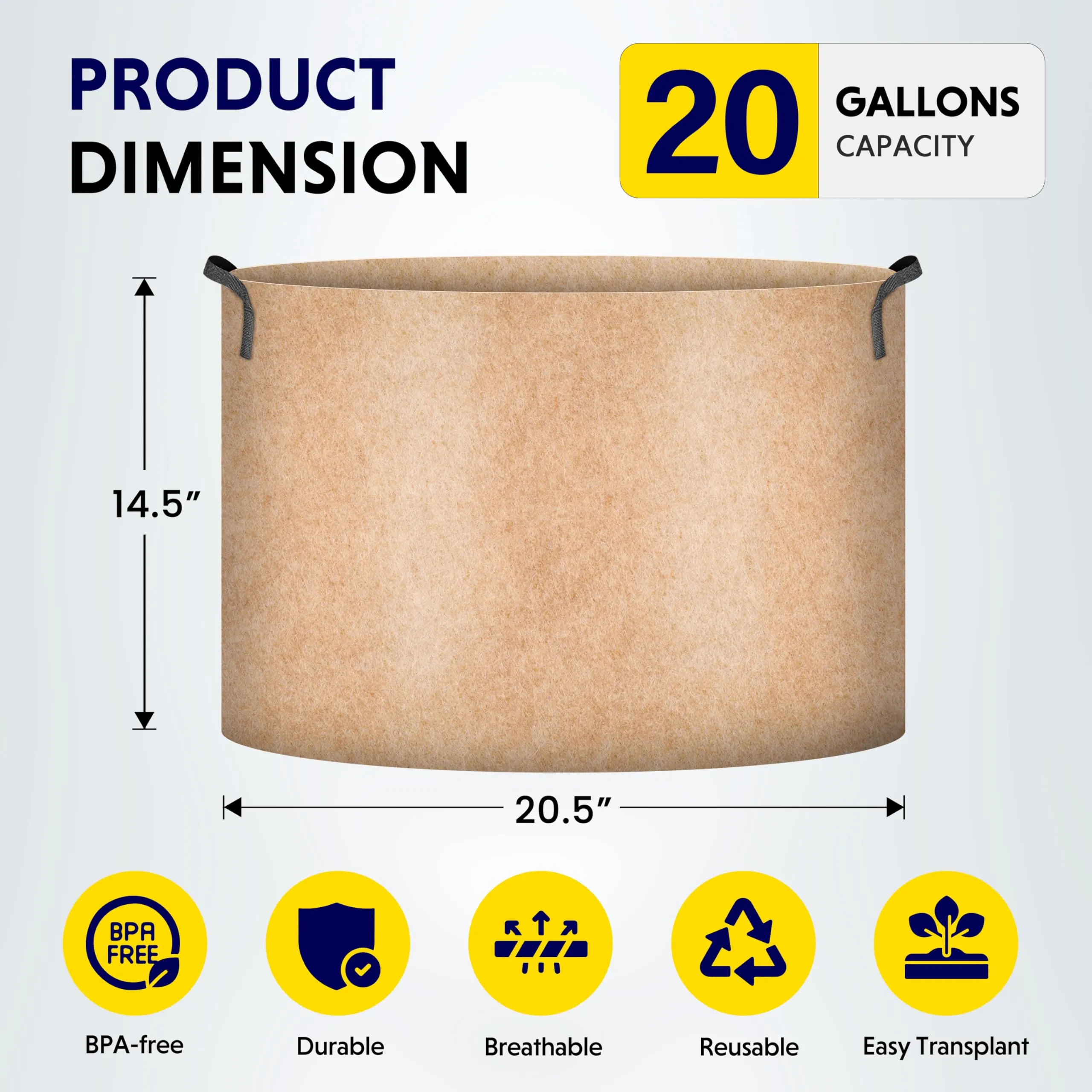 iPower 5-Pack 20 Gallon Plant Grow Bags Thickened Nonwoven Aeration Fabric Pots Heavy Duty Durable Container, Strap Handles for Garden, Tan