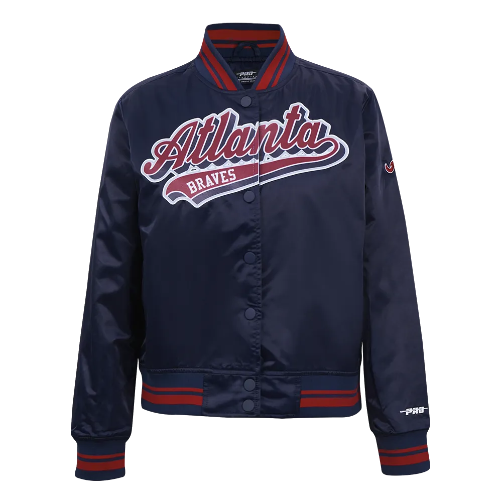 MLB ATLANTA BRAVES SCRIPT TAIL WOMEN'S SATIN JACKET (MIDNIGHT NAVY/RED/MIDNIGHT NAVY)
