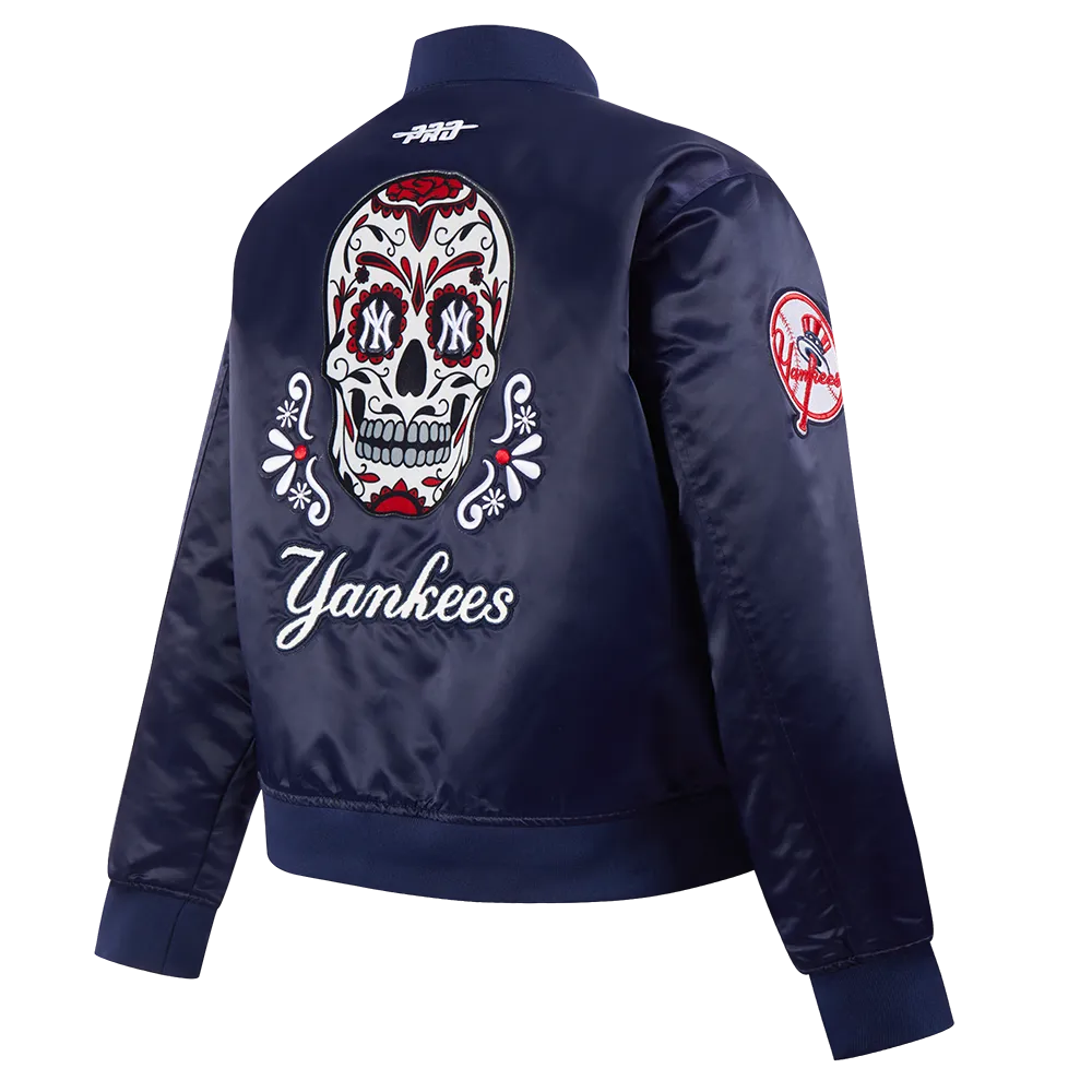 MLB NEW YORK YANKEES SUGAR SKULL WOMEN'S SATIN JACKET (MIDNIGHT NAVY)
