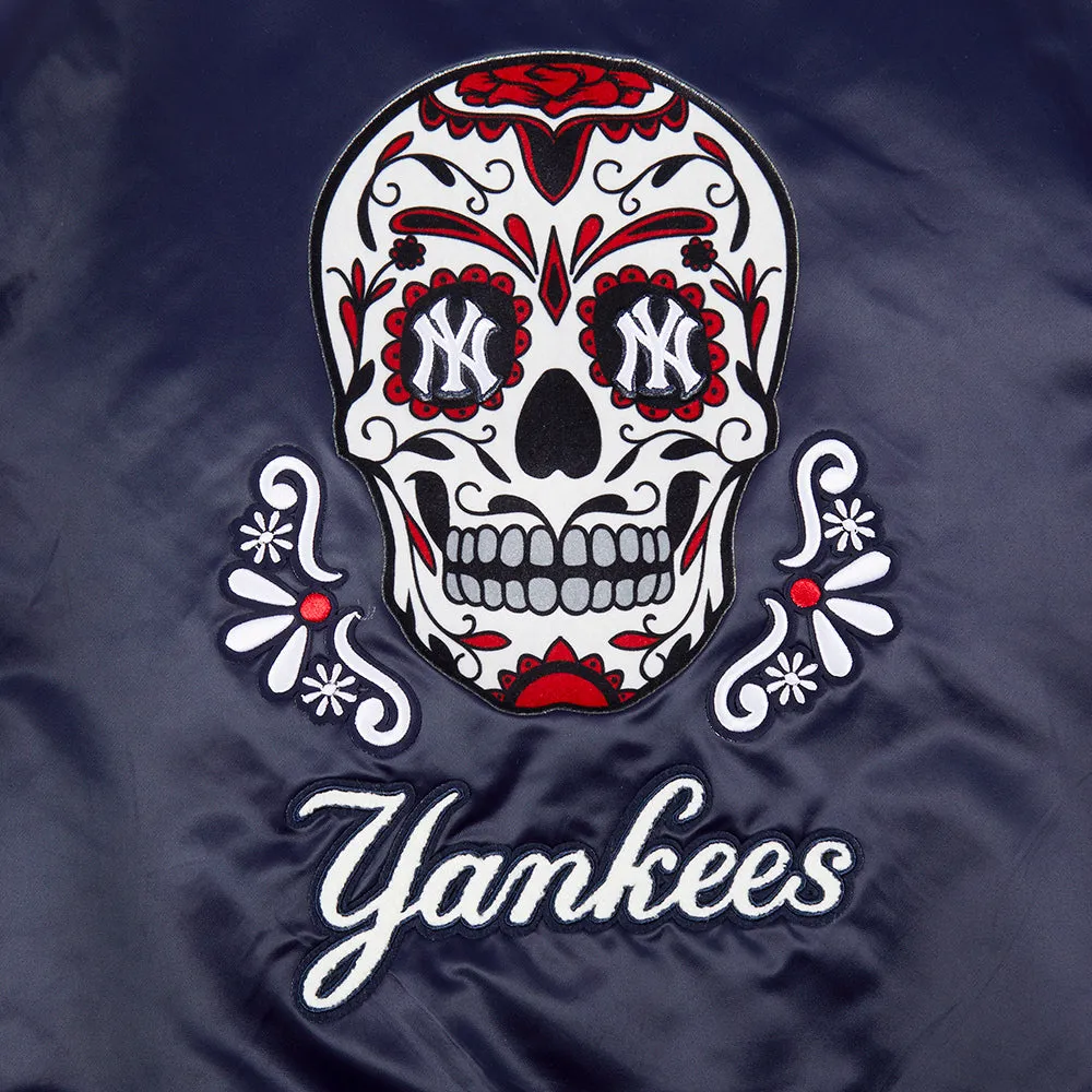 MLB NEW YORK YANKEES SUGAR SKULL WOMEN'S SATIN JACKET (MIDNIGHT NAVY)