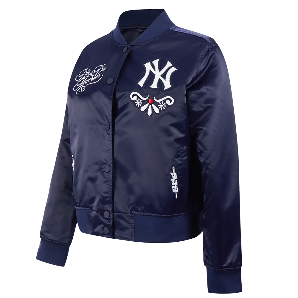 MLB NEW YORK YANKEES SUGAR SKULL WOMEN'S SATIN JACKET (MIDNIGHT NAVY)