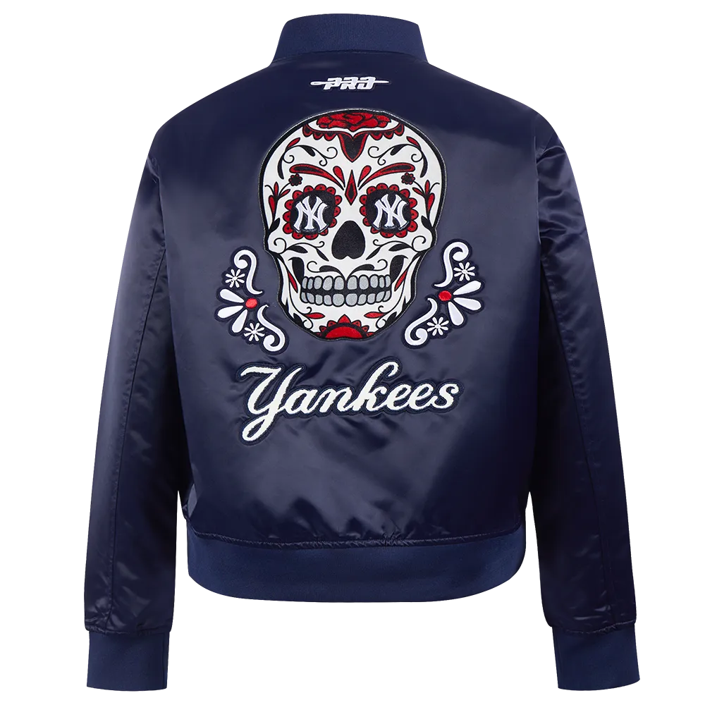 MLB NEW YORK YANKEES SUGAR SKULL WOMEN'S SATIN JACKET (MIDNIGHT NAVY)
