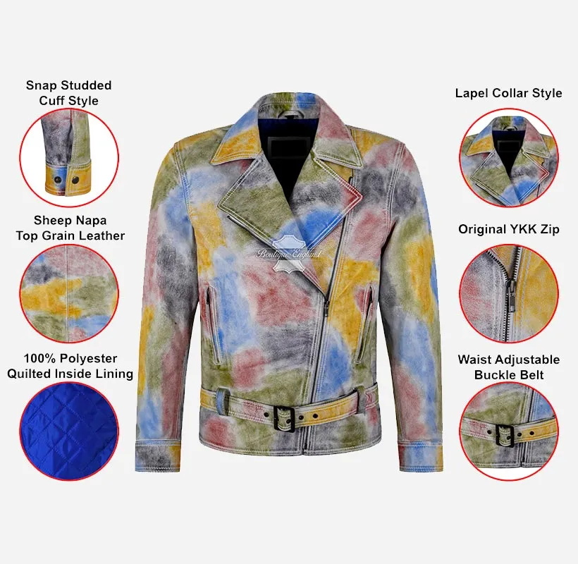PICASSO Leather Jacket Multicolored Waxed Mens Leather Biker Jacket