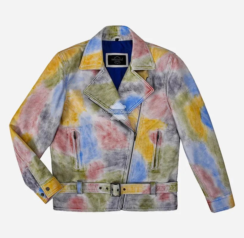 PICASSO Leather Jacket Multicolored Waxed Mens Leather Biker Jacket