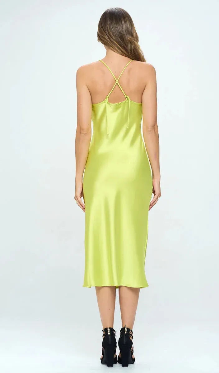 Satin Bias Slip Dress with Slit - CITRON