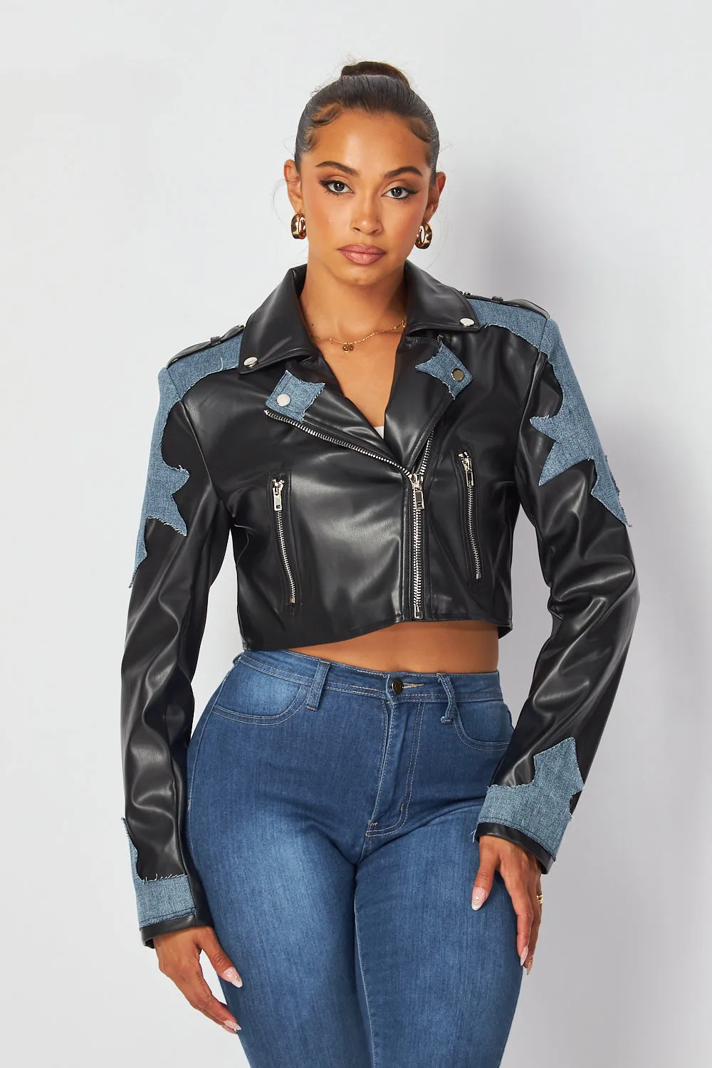 Sherri Denim Contrast Faux Leather PU Biker Jacket