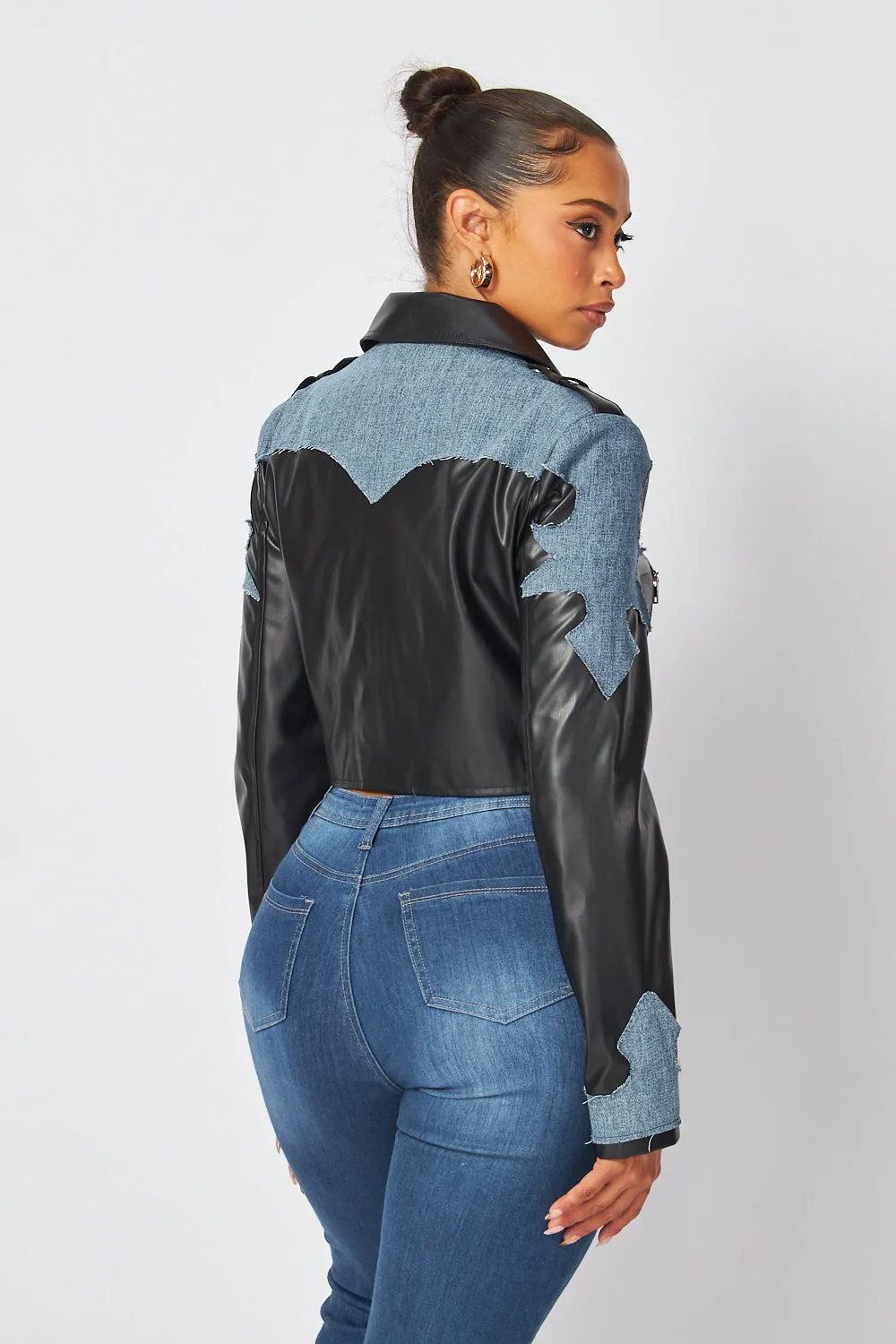 Sherri Denim Contrast Faux Leather PU Biker Jacket