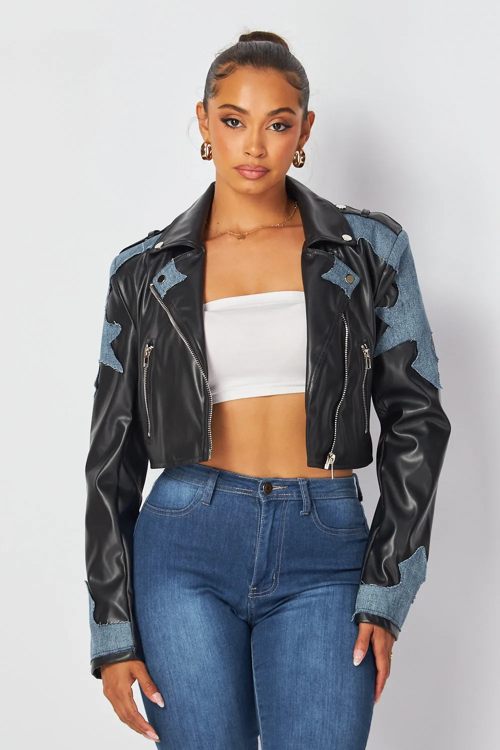 Sherri Denim Contrast Faux Leather PU Biker Jacket
