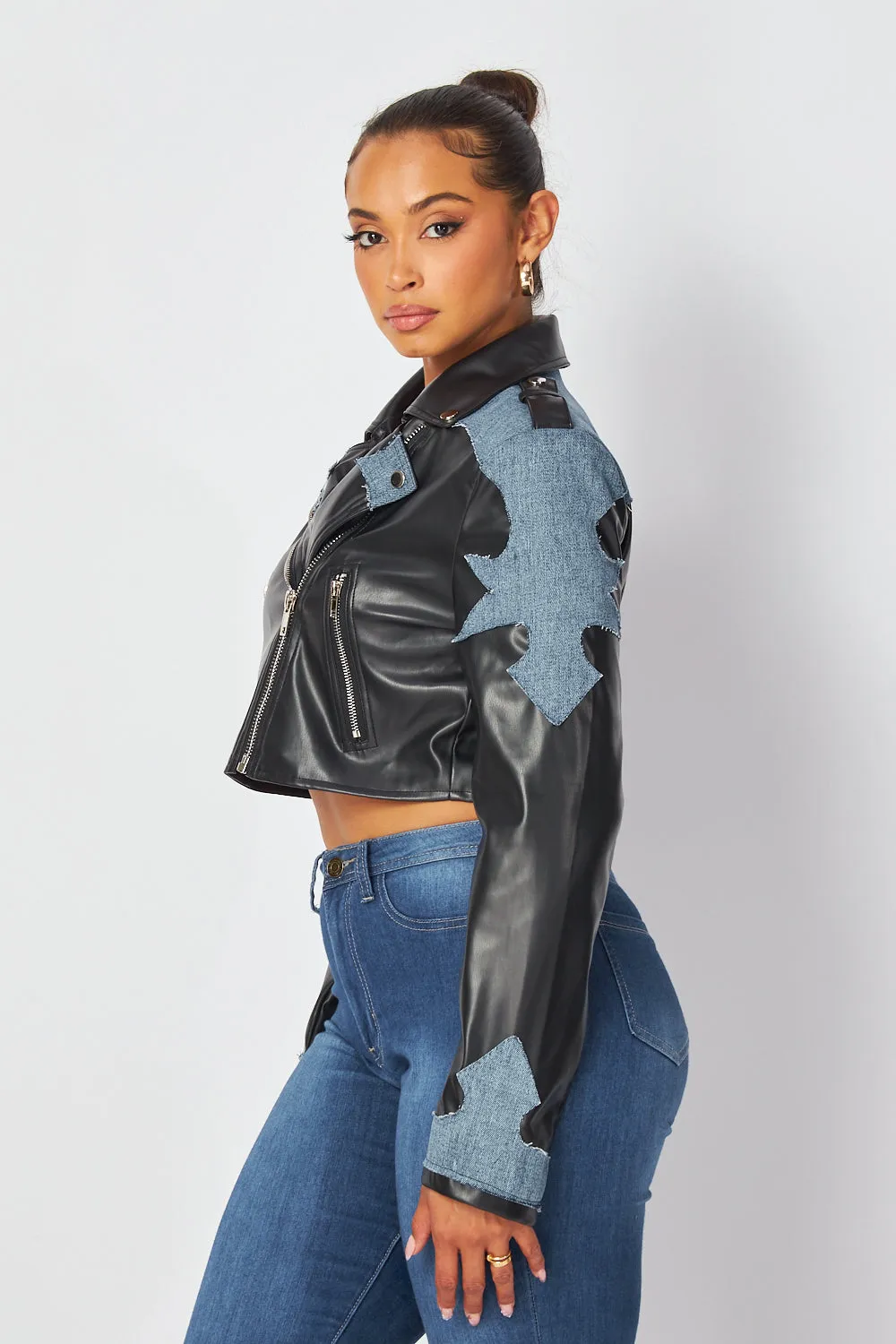 Sherri Denim Contrast Faux Leather PU Biker Jacket