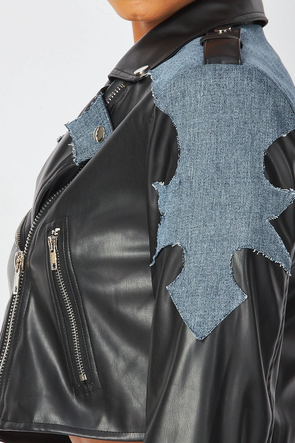 Sherri Denim Contrast Faux Leather PU Biker Jacket