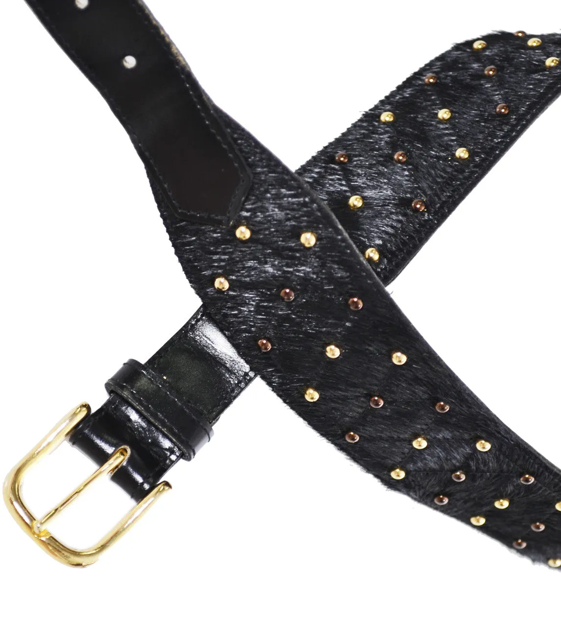 Yves Saint Laurent 1980's YSL Pony Fur Quilted Belt With Copper & Gold Studs